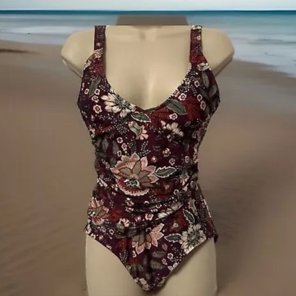 Anne Cole Size 10 20M0033 Wine Floral Print Boho Flattering One Piece Swimsuit - Picture 1 of 11